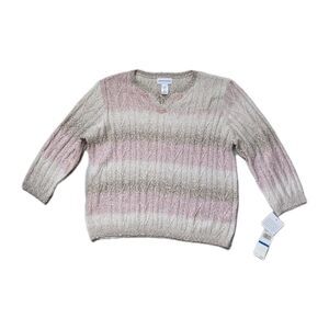 NWT Alfred Dunner Home for the Holidays Cable Knit Sweater Pink Cream Beaded XL
